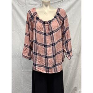 Miss‎ Lili Womens Pink Black Plaid Peplum Blouse Plus Size 3X Long Sleeve Casual